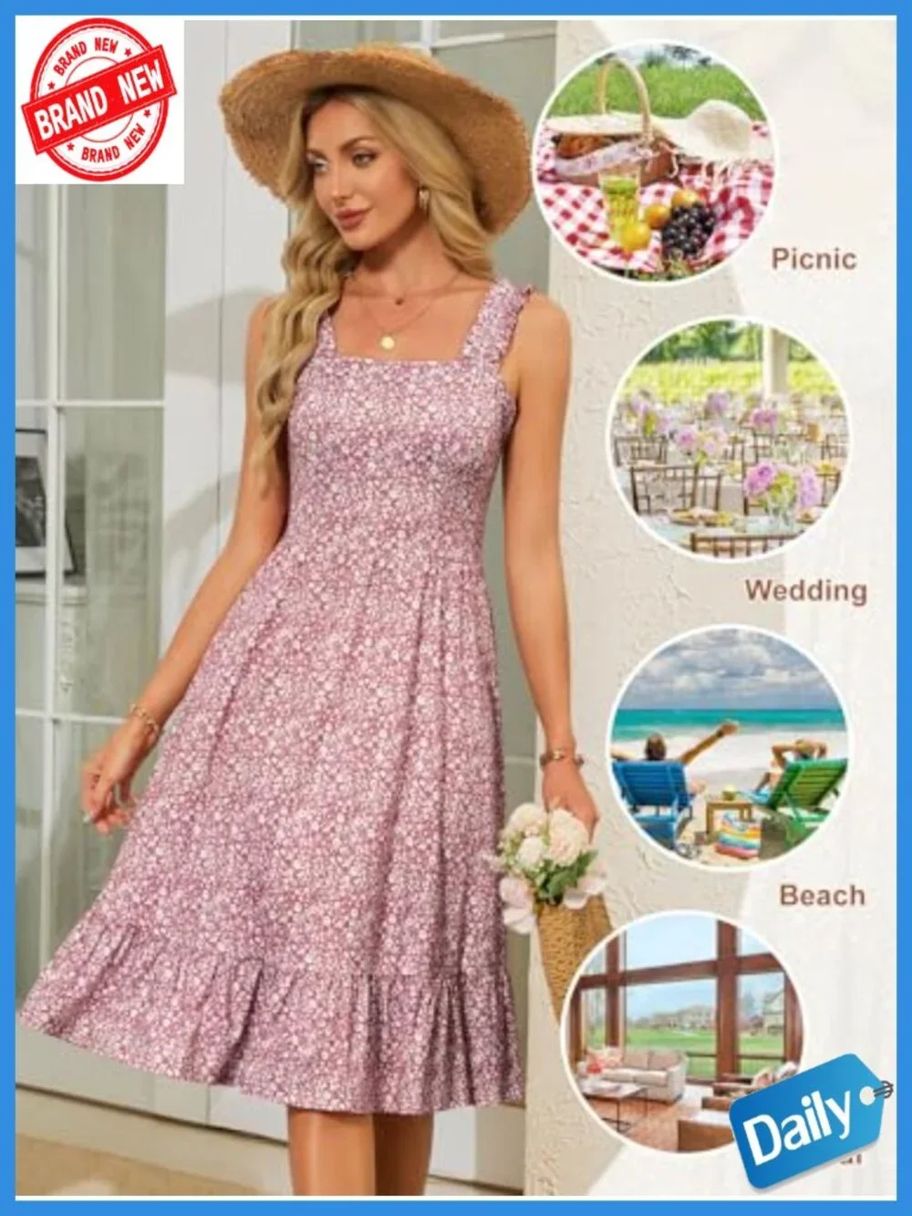 Womens Summer Midi Dress Square Neck Elastic Straps Floral Flowy A-Line Sundress